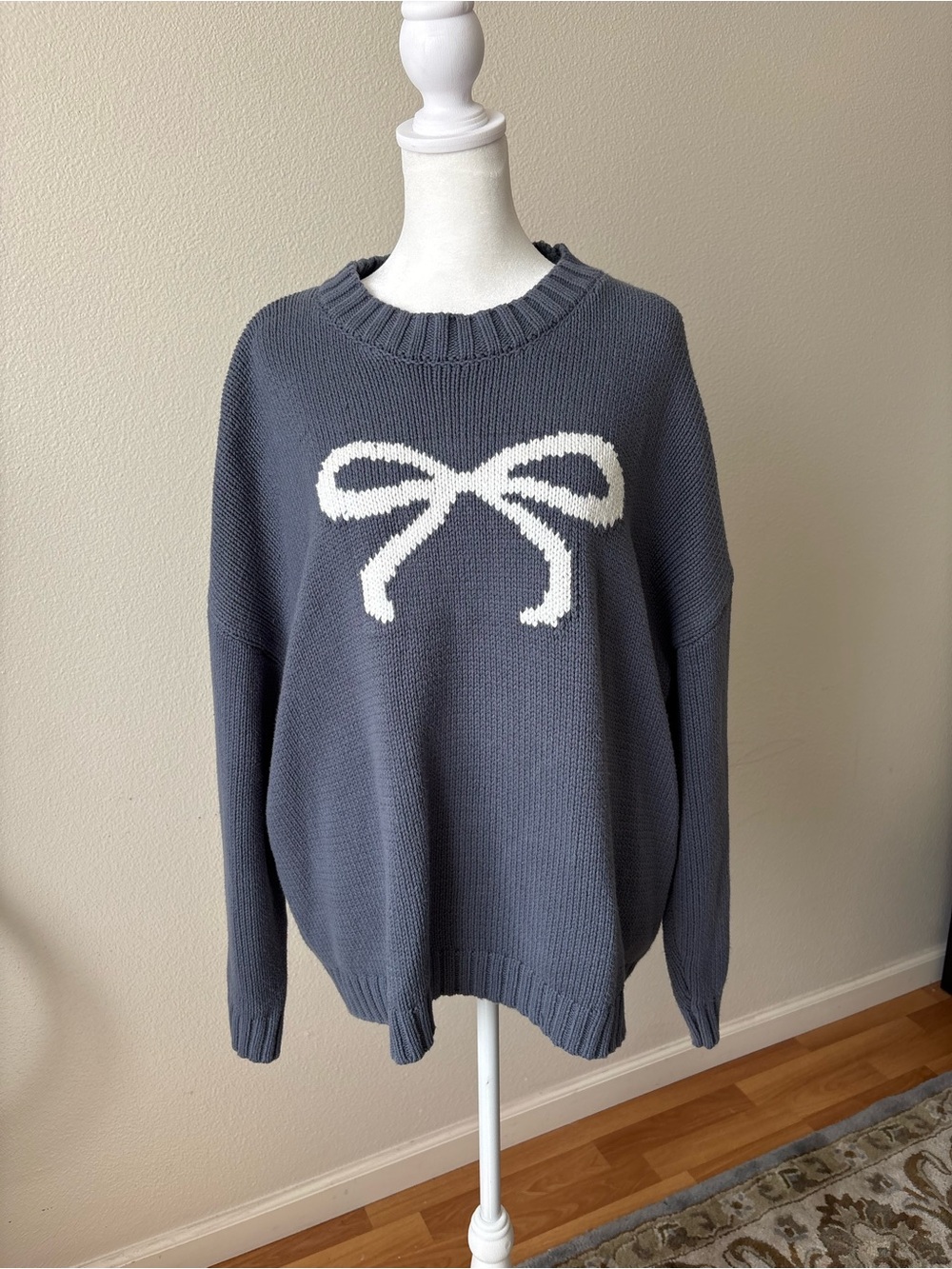 Sincerely Jules Slate Gray Knit Sweater with White Bow